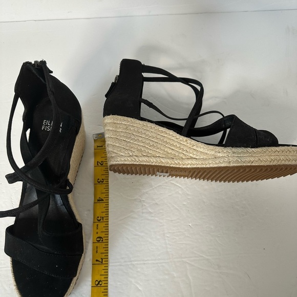 Eileen Fisher Black Wedge Sandals Espadrilles straps zipper back low heel  sz 8 - Picture 10 of 12